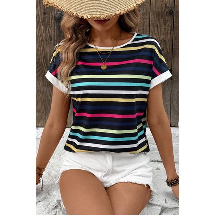 Black Stripe Multicolor Contrast Edge Crew Neck T Shirt