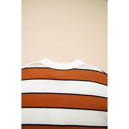 Brown Stripe Ribbed Polo Collar Drop Shoulder Sweater