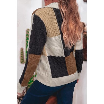 Multicolour Color Block Cable Knit Sleeve Buttons Collared Sweater