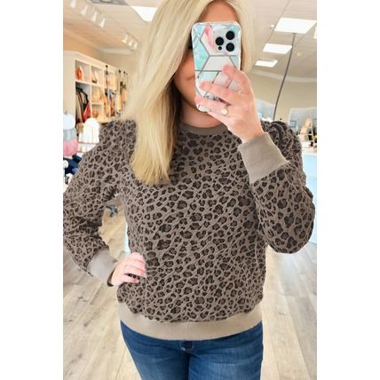 Khaki Leopard Textured Ribbed Trim Plus Size Long Sleeve Top