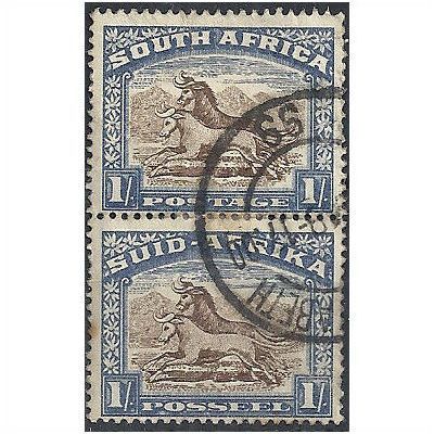 South Africa 1927 SG36 1/- Brown & Deep Blue Fine Used Vertical PAIR . . .