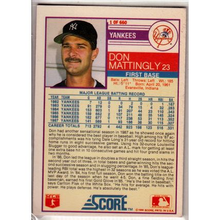 1988 Score Don Mattingly baseball card #1 – HOF