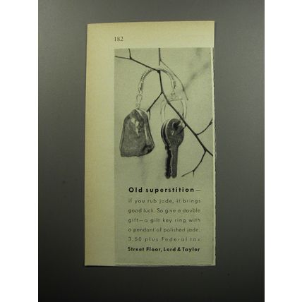 1956 Lord & Taylor Jade Key Ring Ad - Old Superstition