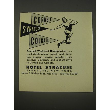 1956 Hotel Syracuse Ad - Cornell Syracuse Colgate Football week-end headquarters