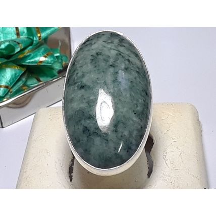 Estate Large elongated Oval Green/White Agate Sterling Silver Bezel Ring #18703