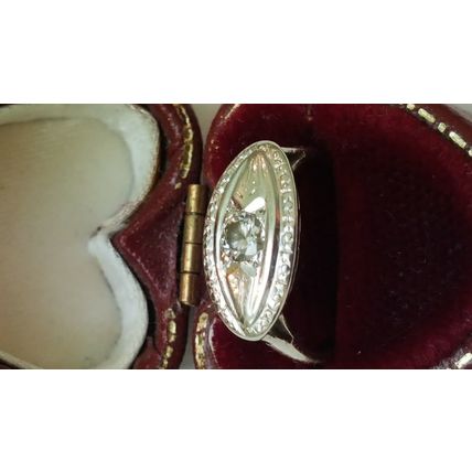 Antique Deco 14kt White Gold .22ct Solitaire Diamond Ornate Ring, 1930s