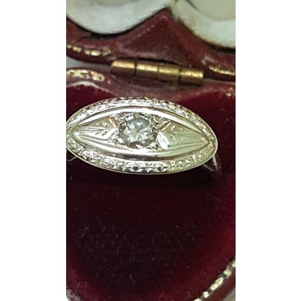 Antique Deco 14kt White Gold .22ct Solitaire Diamond Ornate Ring, 1930s