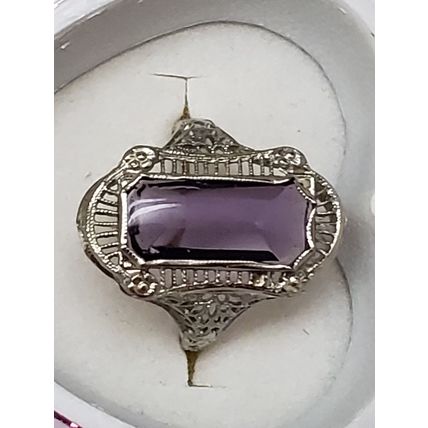 Art Deco Unique 14k White Gold Genuine Amethyst Filigree Ring ,1900s