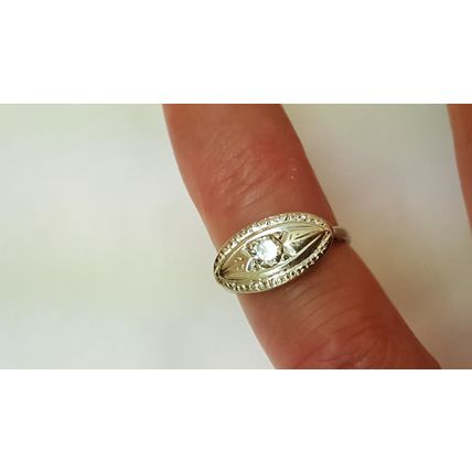 Antique Deco 14kt White Gold .22ct Solitaire Diamond Ornate Ring, 1930s