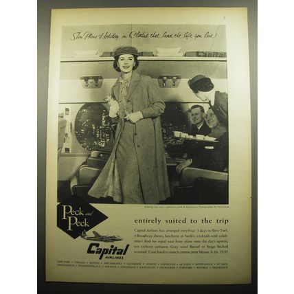 1957 Peck and Peck Fashion and Capital Airlines Ad - Entirely suited to the trip