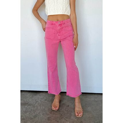 Pink Ankle-length Flare Leg Raw Hem Jeans