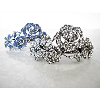 Large silver leaves rose flower blue crystal hair barrette bridal clip