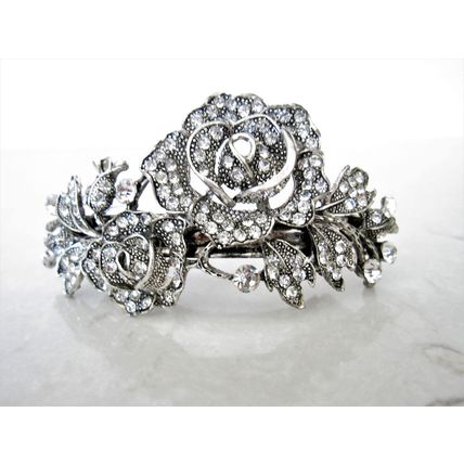 Large silver leaves rose flower blue crystal hair barrette bridal clip