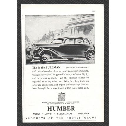 HUMBER PULLMAN car ROOTES GROUP :- Original Vintage 1947 Advert <> POST FREE