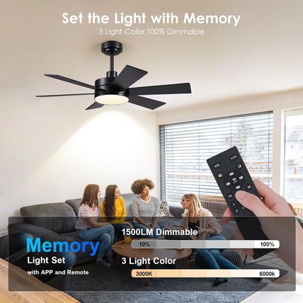 42 Inch Ceiling Fans with Lights, Black Ceiling Fan with Remote APP, Dual-Sided