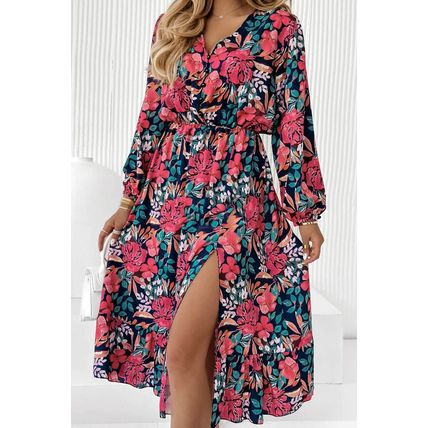 Red V Neck Elastic High Waist Split Floral Dress