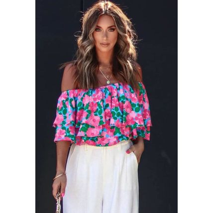 Rose Floral Off-Shoulder Tiered Ruffle Blouse