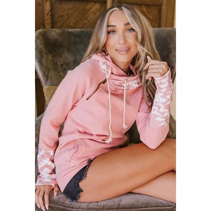 Pink Aztec Print Patchwork Thumb Hole Hoodie