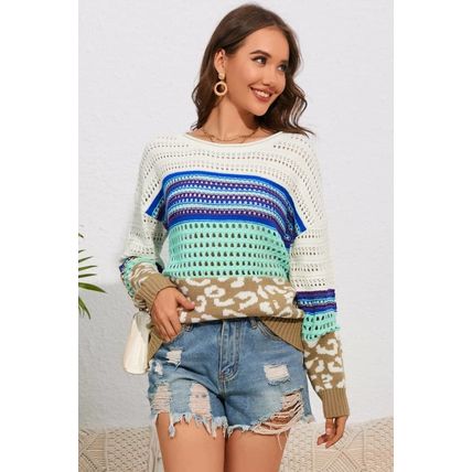 Multicolor Leopard Striped Mix Pattern Knit Crochet Sweater