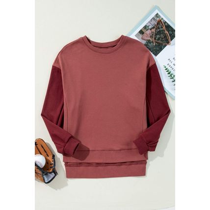 Mineral Red Two Tone Patchwork Drop Shoulder Pullover Sweatshirt