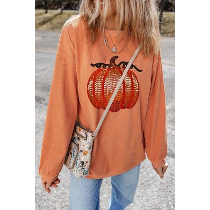 Orange Sequined Pumpkin Ribbed Round Neck Halloween Sweatshirt