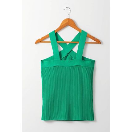 Dark Green Ribbed Criss Cross Halter Neck Sheath Sweater Tank Top