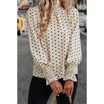 Apricot Polka Dot Print Frilled Collar Lantern Sleeve Blouse