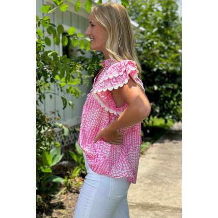 Pink Abstract Print Ric Rac Trim Flutter Sleeve Notch V Neck Blouse