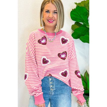 Pink Stripe Sequin Heart Patched Pattern Long Sleeve Valentines Top