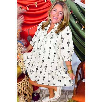 Apricot Bow Printed Puff Sleeve Ruffled Plus Size Mini Dress