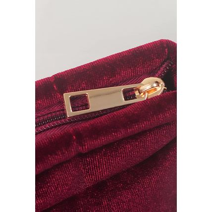 Burgundy Quilted Velour Zipper Cosmetic Organize Pouch