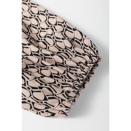 Khaki Geometric Print Notched Neck Puff Sleeve Blouse
