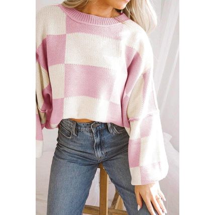Pink Checkered Bishop Sleeve Sweater