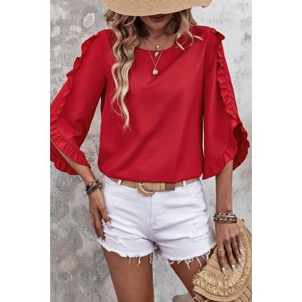 Fiery Red Ruffle Trimmed 3/4 Sleeve Round Neck Blouse
