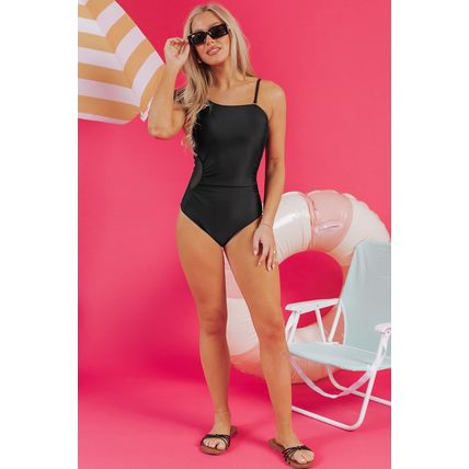 Black Asymmetric Ruffle Shoulder Pleated One Piece Swimsuit