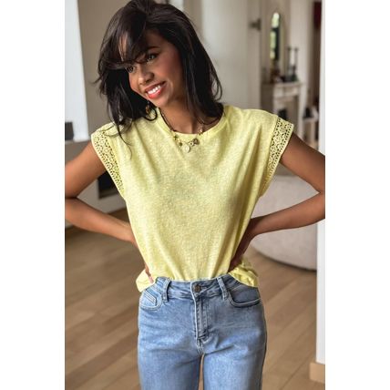 Yellow Cream Lace Patchwork Cap Sleeve Round Neck T Shirt