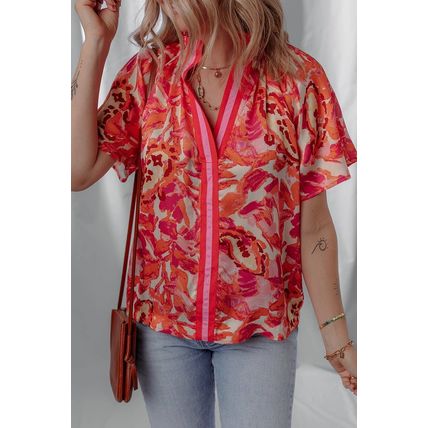 Rose Abstract Print Striped Trim Split Neck Blouse