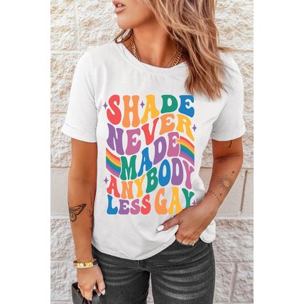 White SHADE NEVER MADE ANYBODY LESS GAY Pride Graphic Tee