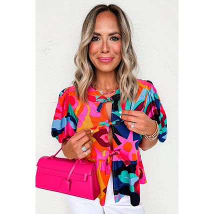 Red Abstract Floral Print Front Tied Puff Sleeve Babydoll Blouse