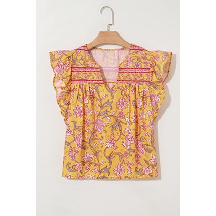 Yellow Floral Notched Neck Ruffled Sleeve Casual Blouse