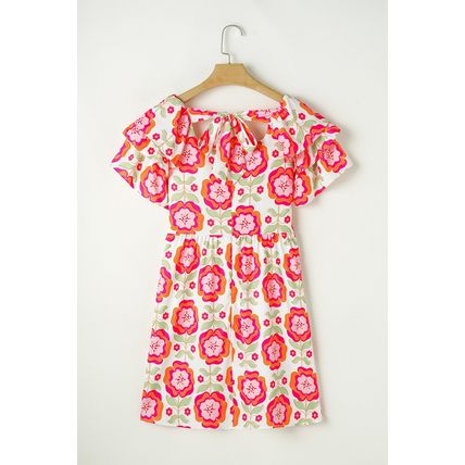 Rose Floral Print Square Neck Lace up Back Ruffled Sleeve Dress