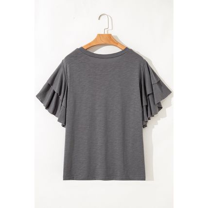 Dark Grey Double Ruffled Short Sleeve Plus Size Top