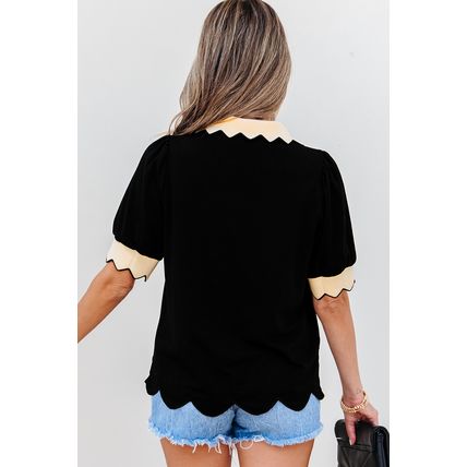 Black Contrast Scalloped Collar Cuffs Rodeo Patched Graphic Short Sleeve Top