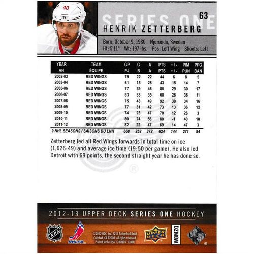 2012-13 Upper Deck - #63 - Henrik Zetterberg