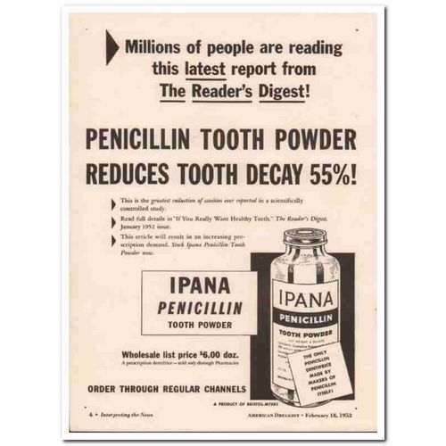 bristol-myers 1952 ipana penicillin tooth powder medical vintage ad
