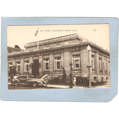 Rhode Island Woonsocket Postcard Post Office Street Scene w/Old Car Photo ~1257