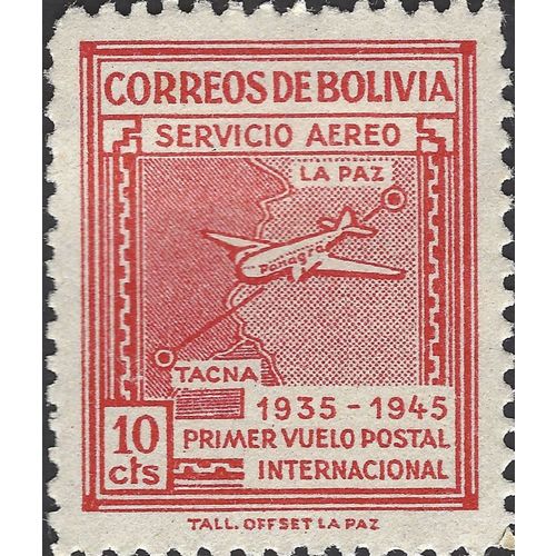BOLIVIA, AIR, 1st international airmail, red 1945, 10c