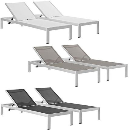 2 Outdoor Lounge Sun Chairs Black, White, Gray Textiline Mesh Brushed Aluminum