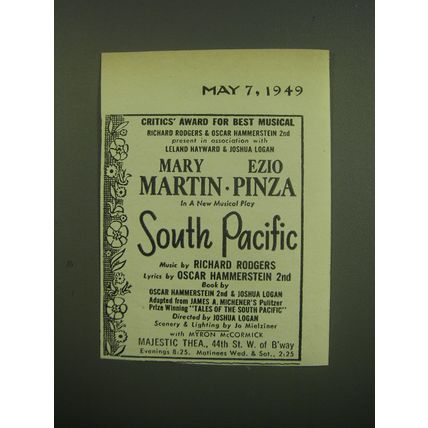 1949 South Pacific Musical Ad - Critics' Award for best musical