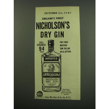 1949 Nicholson's Dry Gin Ad - England's Finest Nicholson's Dry Gin